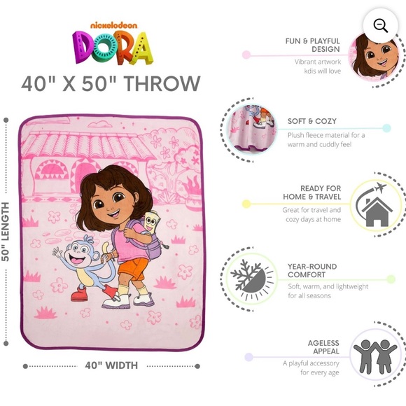 Dora the Explorer Kids Pink Silky Soft Throw Blanket 40x50 (NWT) - Picture 3 of 4